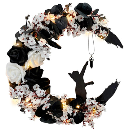 Halloween Wreath Moon Cat Black White Wreath Halloween Decor 13.7in×9.8in