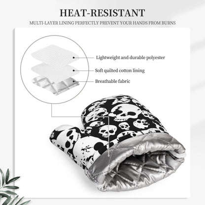 Skull Black And White Oven Mitts And Pot Holders Set Of 2 Silicone Heat Resistant Oven Mitten Potholders Non Slip Gloves Kitchen Decor For Bbq Cooking Grilling Baking