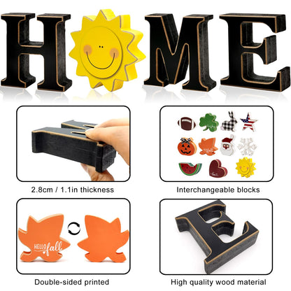 Interchangeable Home Table Signs with 11Pcs Seasonal Icons, Wooden "HOME" Letter Signs Interchangeable Holiday Decorative Table Shelf Centerpiece for Holiday Room Decoration