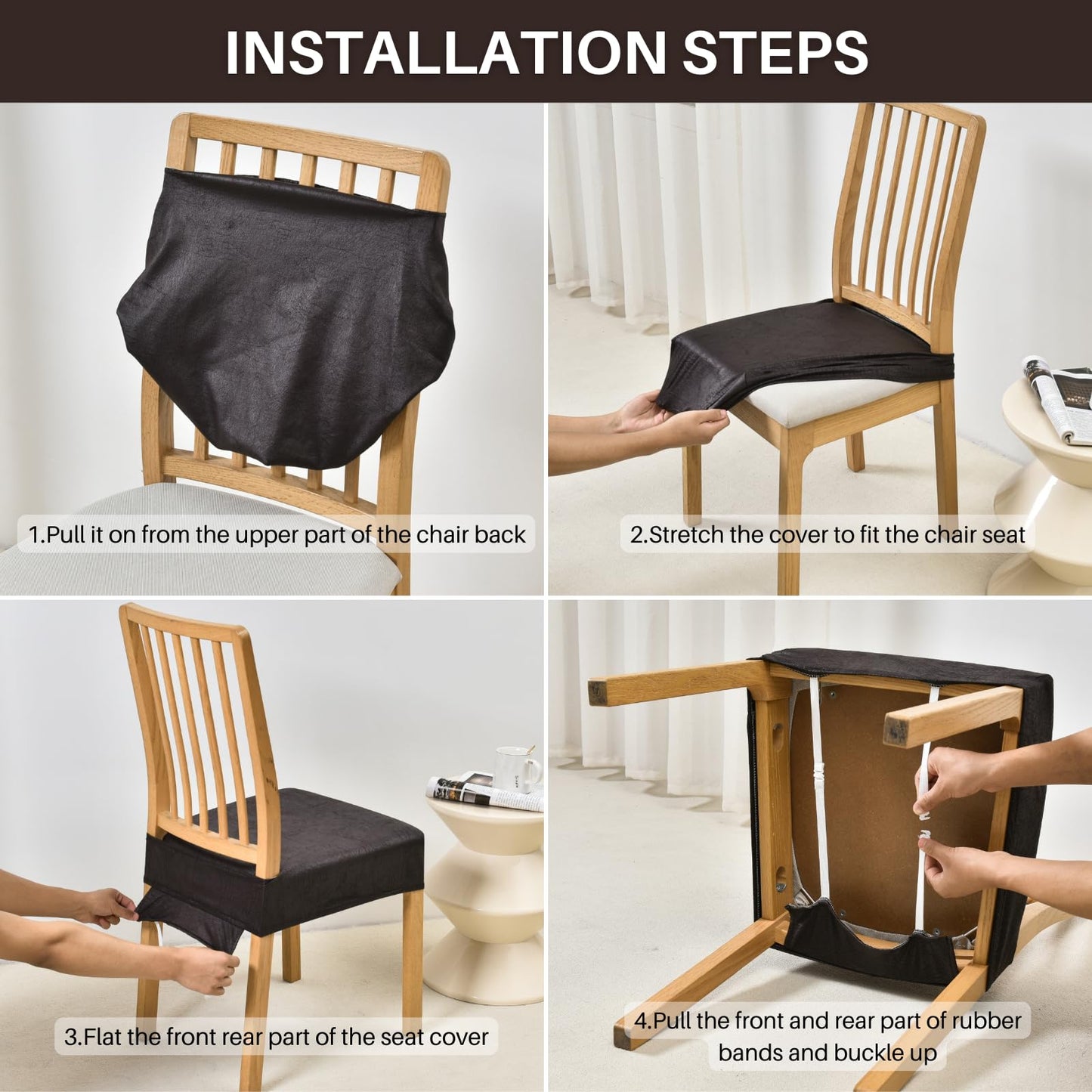 SearchI Waterproof Dining Chair Seat Covers Set of 4, Washable Stretch Seat Covers for Dining Chairs, Dining Room Seat Cover Protector (Rear-Covered, Brown and Blue Flower)