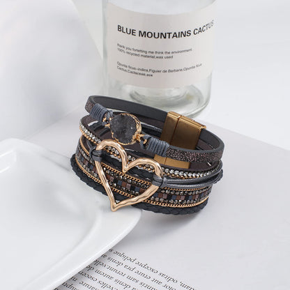 hotoo Leather Wrap Bracelet for Women Gray Beaded Cuff Bracelet with Heart-shape Decor Bohemian Crystal Bracelet Jewelry with Clasp Bangle Bracelet for Women Birthday Holiday Gift