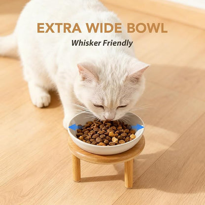 Havniva Elevated Cat Bowls Raised Ceramic Cat Bowl, 5.7” Wide Opening Cat Food Bowl Whisker Friendly Cat Dish Anti-Slip with Bamboo Stand, Shallow Pet Food & Water Bowl for Indoor Cats