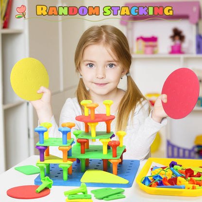 Ggiibro Peg Board Toy Set 101Pcs DIY Building Stacking Toys for Kids 3-6 Years Old,STEM Educational Kids Toy for Brain Development,Montessori Sensory Toys,Plastic Lacing String Game