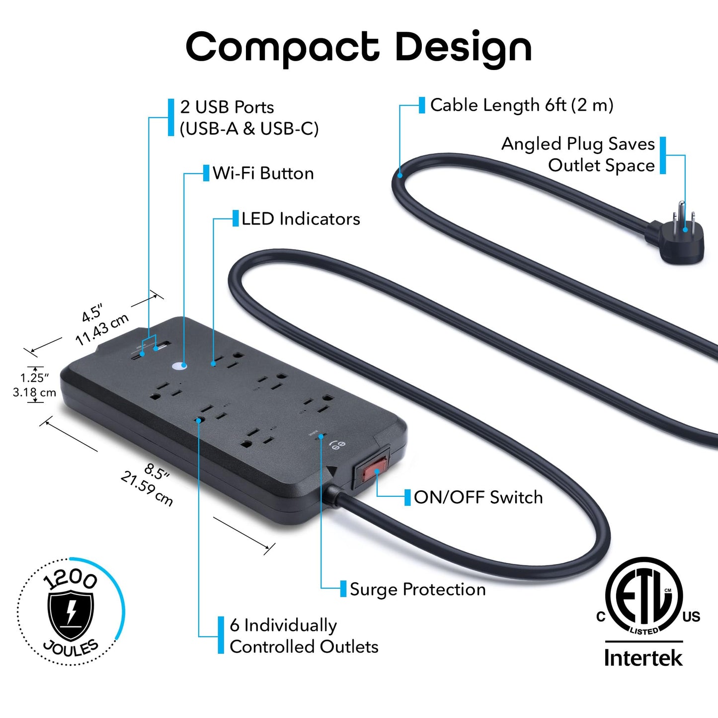 Geeni Smart Plug Power Strip, 6 Outlets and 2 USB Ports, 6 ft. Cord, Surge Protector with Voice Control, WiFi Control, Compatible with Alexa & Google Home, No Hub Required, Black