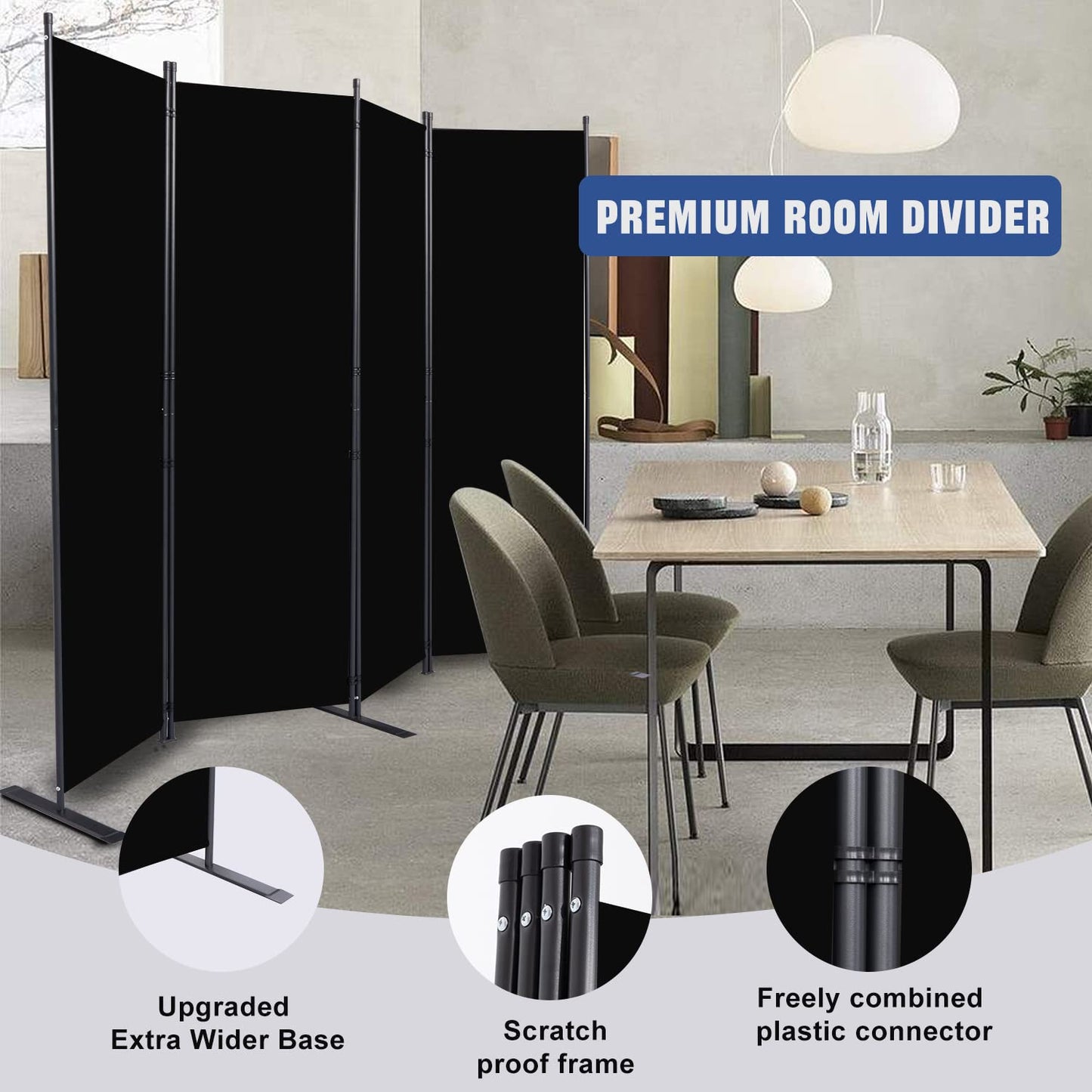 Room Divider 6FT Portable Room Dividers and Folding Privacy Screens, Fabric Divider for Room Separation, Partition Room Dividers Freestanding Wall Divider Screen Studio (Black, 4 Panel-88'')