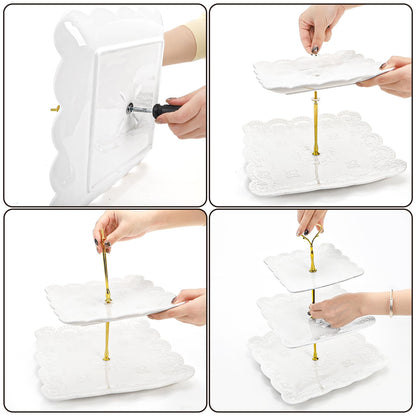 Tebery 2 Pack 3-Tier White Ceramic Embossed Dessert Cake Tower Stand with Gold Carry Handle, Cupcake Stand Serving Trays, Porcelain Party Food Server Display Holder