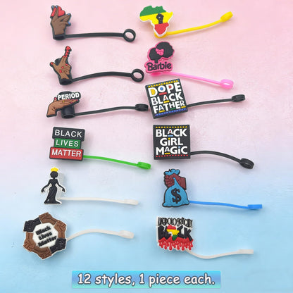 Ginyrerd 12Pcs Cute Black Girl Straw Toppers, Silicone Phrase Finger Straw Covers, Portable Reusable Dust-Proof Plugs for 0.24-0.31 Inch Straws