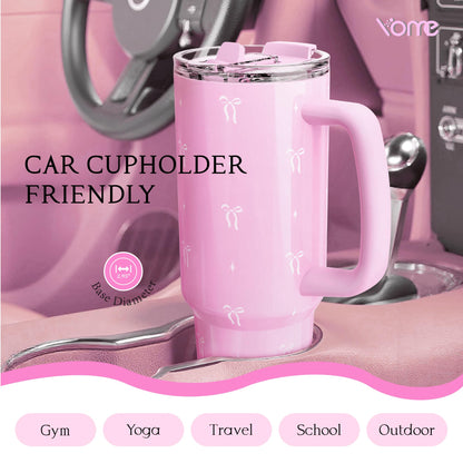 YOME 40 oz Bow Pink Tumbler with Handle and Flip Straw for Women | Stainless Steel Insulated Water Bottle | Keeps Drinks Cold | Dishwa