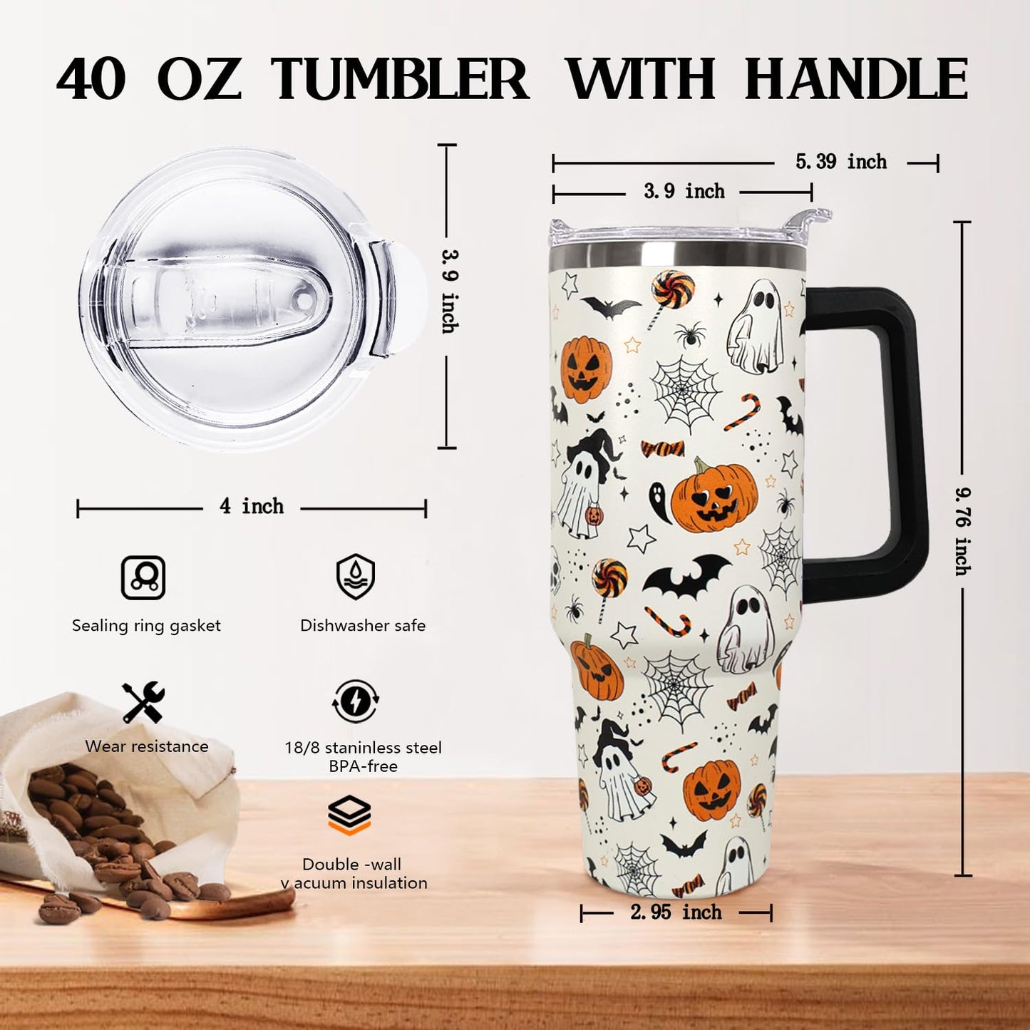 Ceovfoi 40 oz Halloween Pumpkin Tumbler Insulated Stainless Water Bottle Travel Coffee Cup, Water Bottle - Goth Ghost Witch Decor Gift for Women