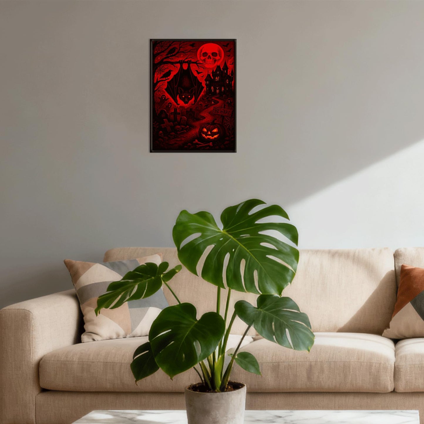 Halloween Gothic Framed Wall Art, 16x12 Vertical Black Frame, Haunted Castle Skull Moon Bat Graveyard Ink Print for Spooky Home Decor