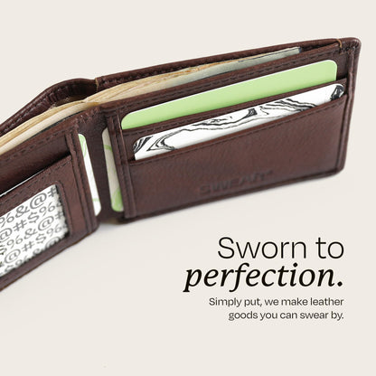 Swear Brands Full-Grain Leather Wallet for Men | Slim RFID Blocking Bifold Design with Cash Pocket & Card Pull Strap | Holds 1-12 Cards | Stylish & Durable | Walnut