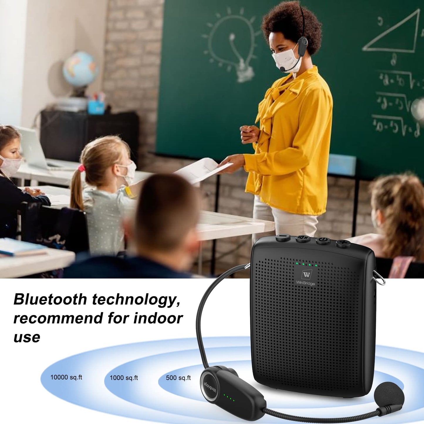 WinBridge Voice Amplifier with Bluetooth, Portable Speaker and Microphone Set, Wireless Mic Headset Speaker for Teachers, Tour Guide, Public Speaking, Fitness Instructors, Features Mute, 15W WB002