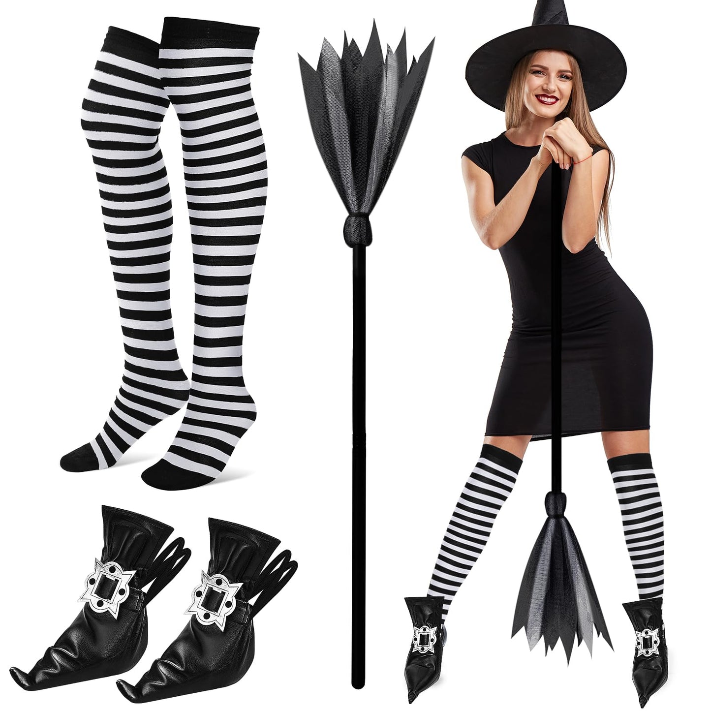 Vicenpal 3 Pcs Halloween Witch Costume Accessories Witch Broom Shoe Covers Socks Broomstick for Women Cosplay Party(Black White)