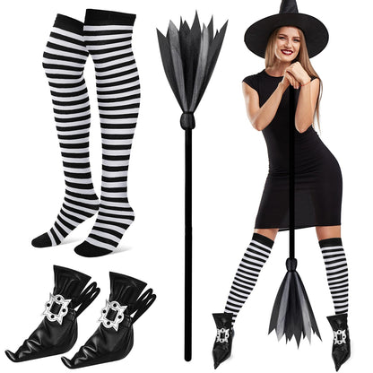 Vicenpal 3 Pcs Halloween Witch Costume Accessories Witch Broom Shoe Covers Socks Broomstick for Women Cosplay Party(Black White)