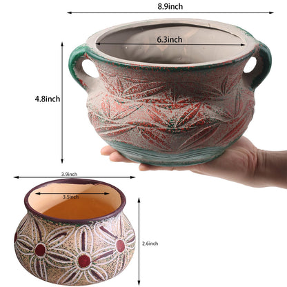 qumHmup Ceramic Succulent Pot with Drainage Hole, Bohemia Rustic Decorative Planter, Set of 2, Indoor Outdoor