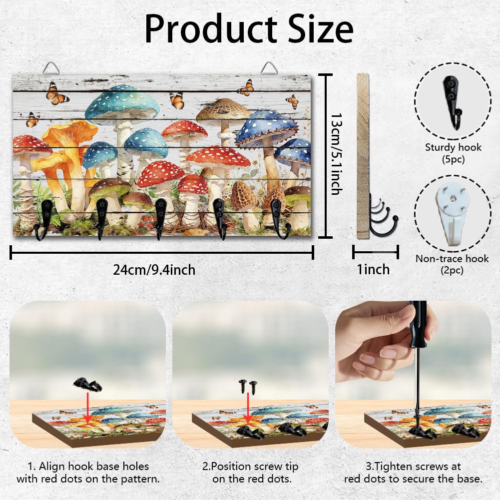 DELORIGIN Retro Mushrooms Key Holder Key Hooks Organizer Hanger Rack Butterflies Wall Mounted Wooden Key Rack with 5 Key Hooks for Home Entryway Front Door Kitchen Hallway Bedroom Wall Decor