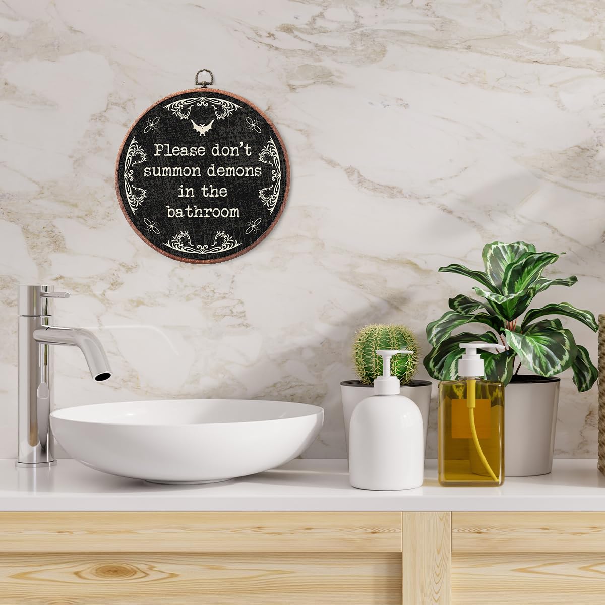 Vodbok Gothic Bathroom Wall Decor - Please Don't Summon Demons -10" Round Canvas Frame Hanging Prints - Gothic Farmhouse Home Office Guest Room Bathroom Toilet Wall Decor -A24