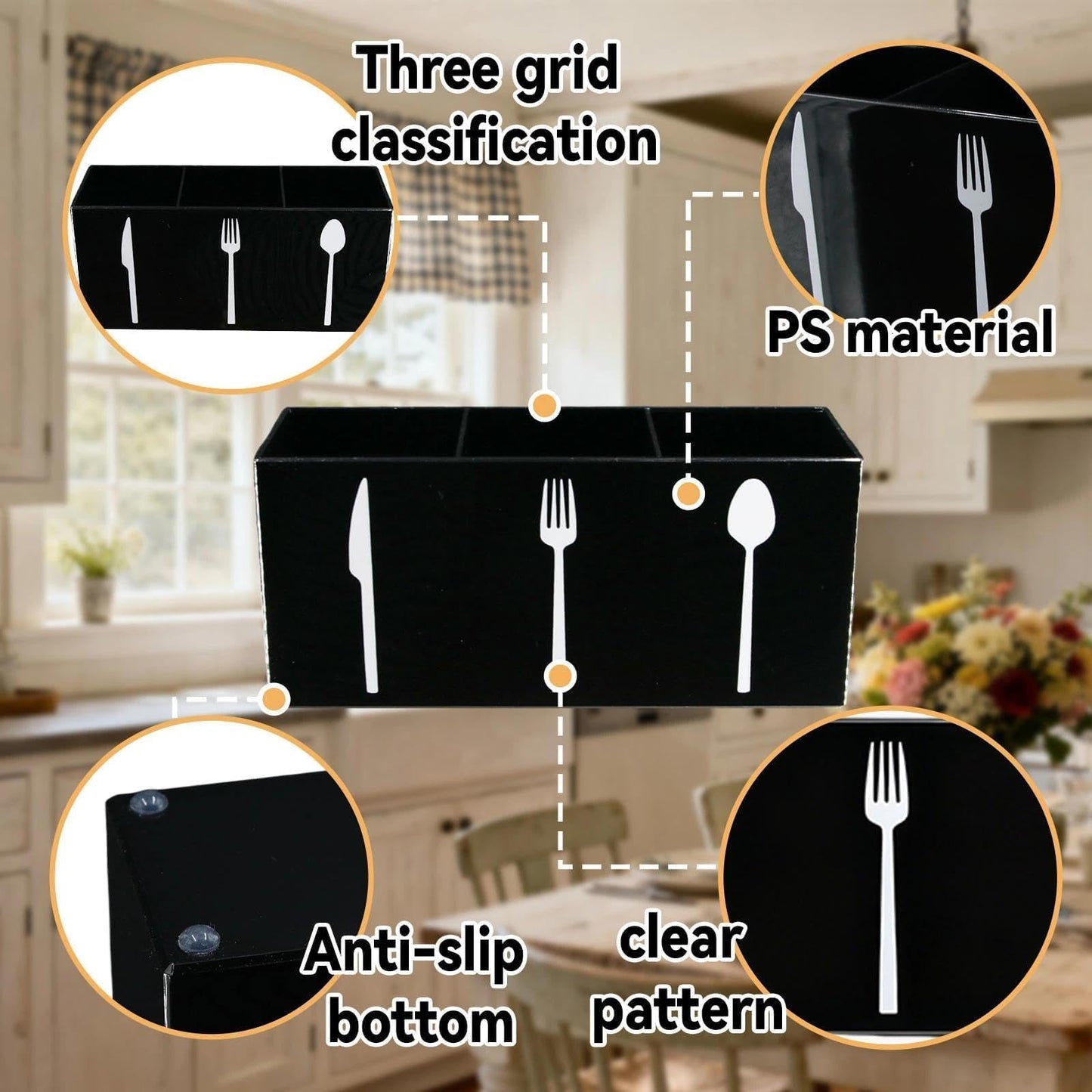 Eselatin 3 Compartments Silverware Caddy,Plastic Utensil Holder for Kitchen Countertop,Party Silverware Holder,Lfork Spoon Knife Organizer, Black