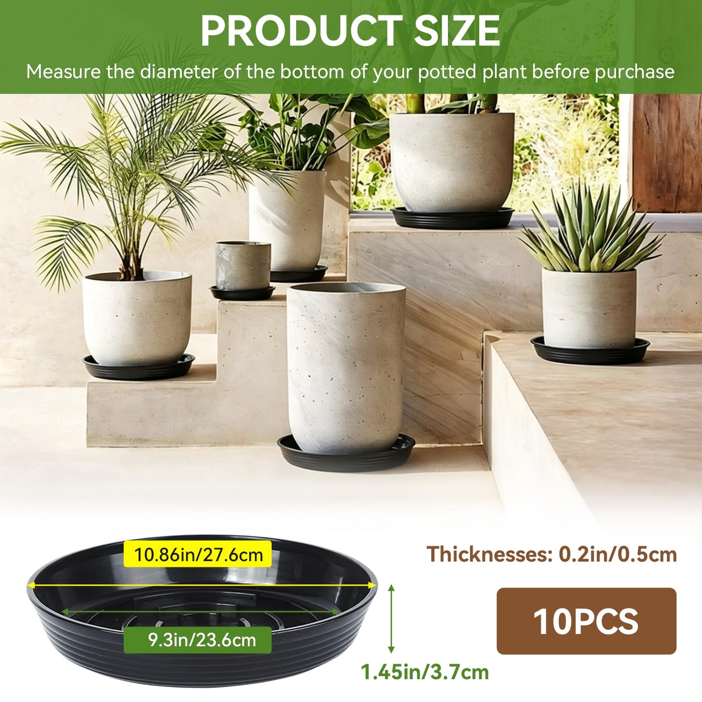 AKODENORA 10 Pack Plant Drip Trays, 9inch Heavy Duty Plastic Plant Saucer, Plant Pot Saucers Bulk, 1.5'' Deeper Plant Plates to Catch Water Durable Flower Pot Plant Saucer for Indoors Outdoor Use