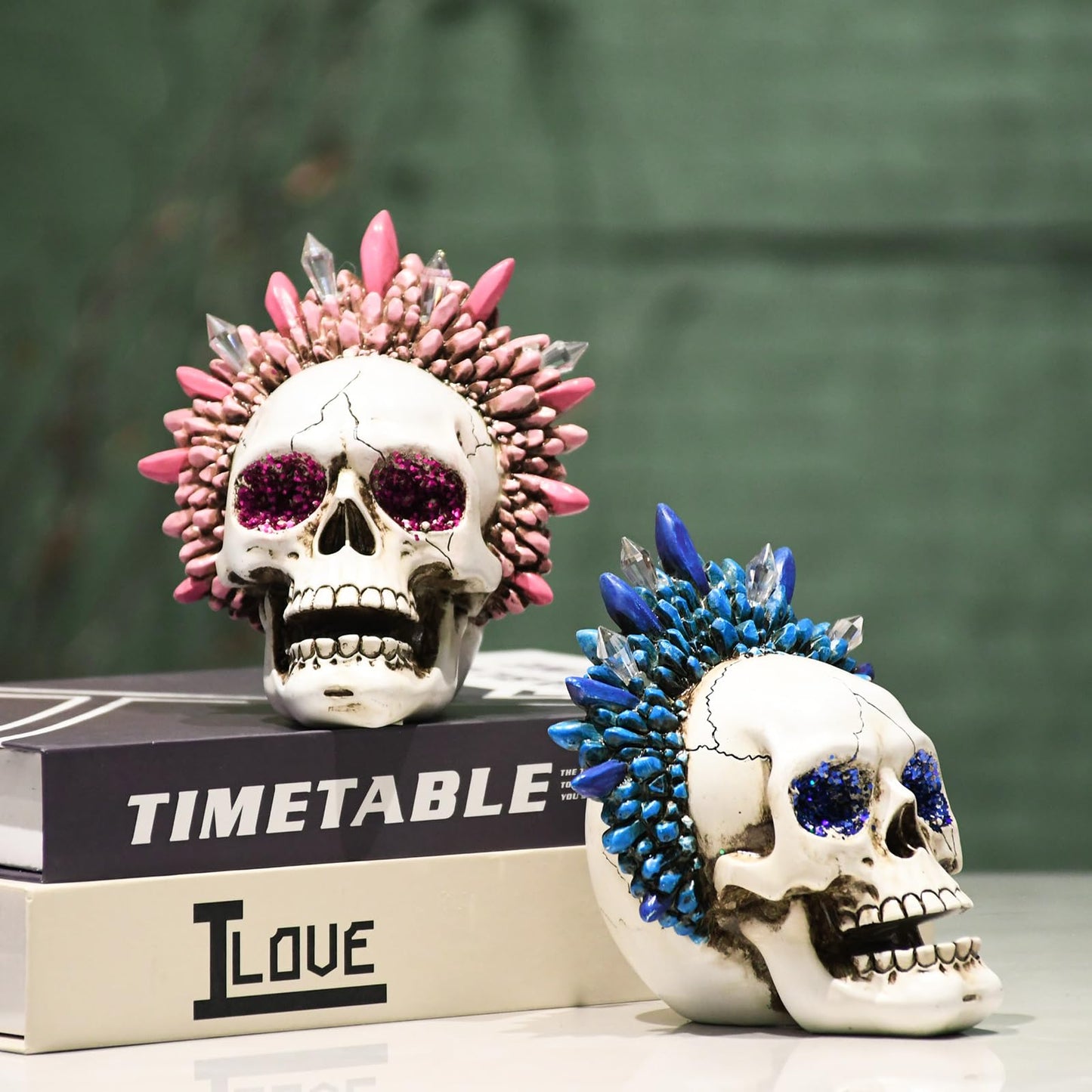 KalyZ@rts Skull Head Sculpture, Halloween & Gothic Decor, Creative Desktop Ornament, Resin Human Head Bone Model for Home Decoration, Bookshelf and Desktop, Model Anatomical Medical Skeleton (Blue)