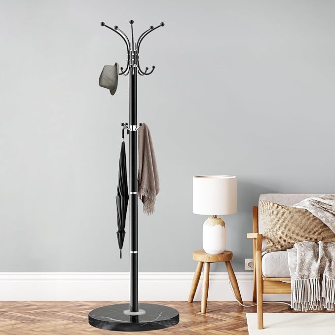 ZOZOE Metal Coat Rack Stand, Modern Coat Rack Freestanding with Natural Marble Base, 360° Rotary Design Coat Racks with 14 Hooks, Black Coat Tree Hanger Stand for Bags, Hats, Entryway, Office