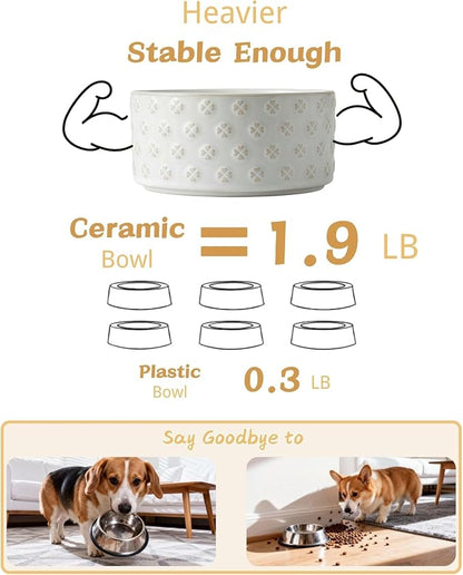 TRUVIC Ceramic Dog Bowl with Wood Stand, Jun Blanc Four-Leaf Clover Relief Dog Food and Water Bowl, 2 Cup/14 oz Puppy Food Bowl for Medium Dogs, Dishwasher Safe, Modern Geometric, Four-Leaf Clover