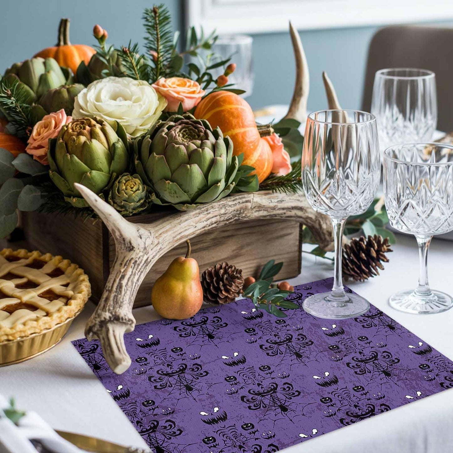 Placemats for Dining Table Set of 6, Halloween Haunted Mansion Design Table Mats Stain Resistant Heat Insulation Non-Slip Washable Table Decoration for Kitchen, Purple Black