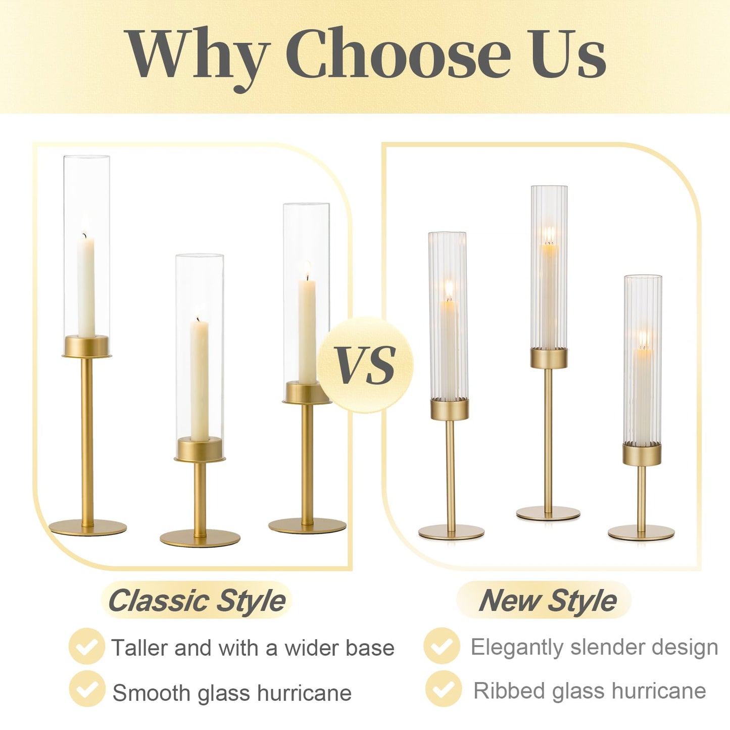 Hewory Gold Candle Holders, 3Pcs Brass Candle Stick Candelabra with Glass Candle Cover for Wedding Table Centerpiece Christmas Decor