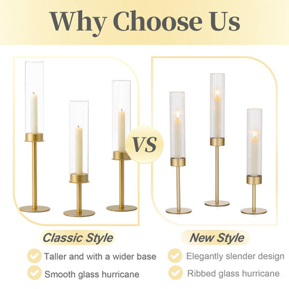 Hewory Gold Candle Holders, 3Pcs Brass Candle Stick Candelabra with Glass Candle Cover for Wedding Table Centerpiece Christmas Decor
