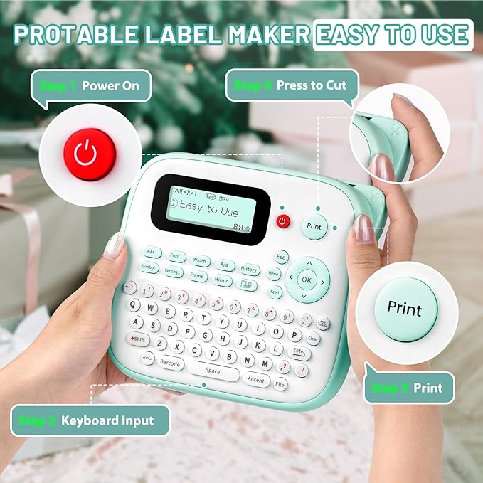 Label Maker for Kids, Desktop Label Maker Machine Labels-Waterproof, D210S Handheld Labeler Machine with Tape-12mm 0.47 Laminated White, Multiple Symbols for Home Office School Kids Teachers Gifts
