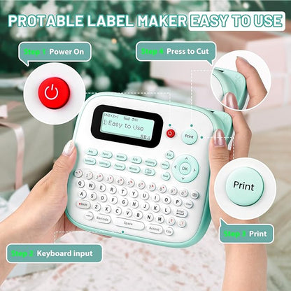 Label Maker for Kids, Desktop Label Maker Machine Labels-Waterproof, D210S Handheld Labeler Machine with Tape-12mm 0.47 Laminated White, Multiple Symbols for Home Office School Kids Teachers Gifts