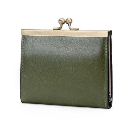 GOIACII Credit Card Holder Vintage Wallet for Women Genuine Leather Ladies Card Cases with Kiss Lock Small Green