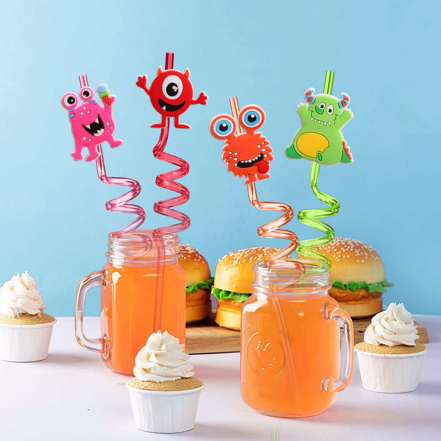 AFZMON 24 PCS Monster Drinking Straws Reusable Plastic Beverages Cocktail Straw with Cartoon Decoration for Kids Monster Party Supplies for Birthday Party Favors