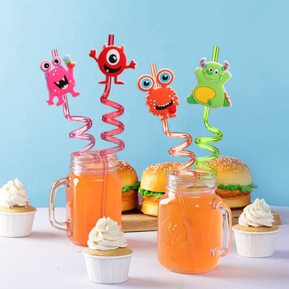AFZMON 24 PCS Monster Drinking Straws Reusable Plastic Beverages Cocktail Straw with Cartoon Decoration for Kids Monster Party Supplies for Birthday Party Favors