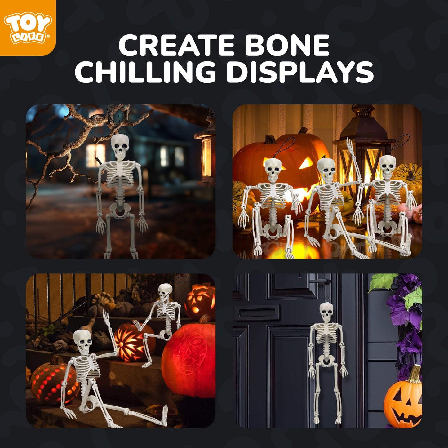 TOY Life 16" Posable Halloween Skeleton Decor - 6 Pcs Full Body Joints Outdoor Indoor Decorations, Plastic Hanging Skeleton for Halloween