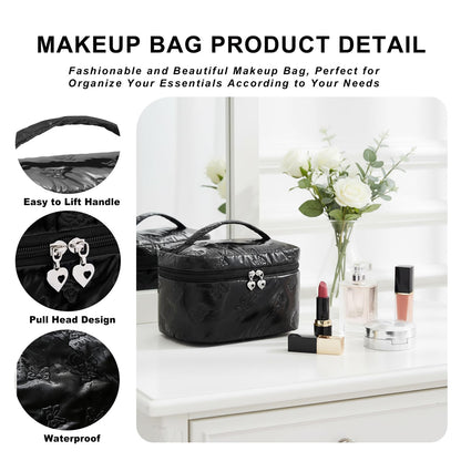 Alamealle Large Cosmetic Bags Travel Makeup Bag with Mesh Pocket Portable Cute Toiletry Bag Aesthetic Make Up Organizer with Handle for Women Girls (Black)