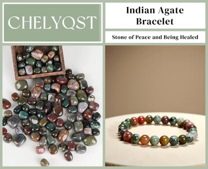 CHELYQST Indian Agate Bracelet - Stone of Peace and Being Healed,Stretch Natural Stone Crystal Beads Jewelry Gifts for Women Men Unisex Adult,8mm