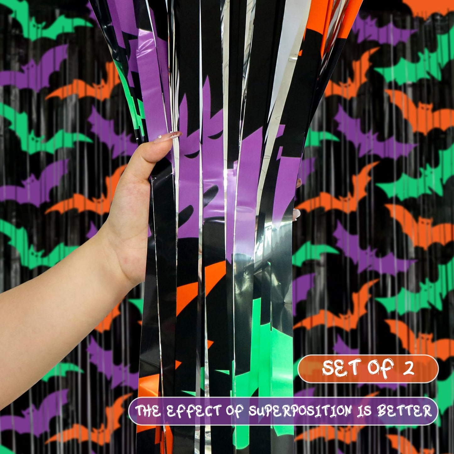 Ycitusi 2 Packs Bat Foil Fringe Curtains - Purple Orange Green Halloween Door Streamers for Photo Backdrop, 3.3 x 6.6 ft Tinsel Curtains for Beetlejuice, Monster or Neon Glow Party Decorations