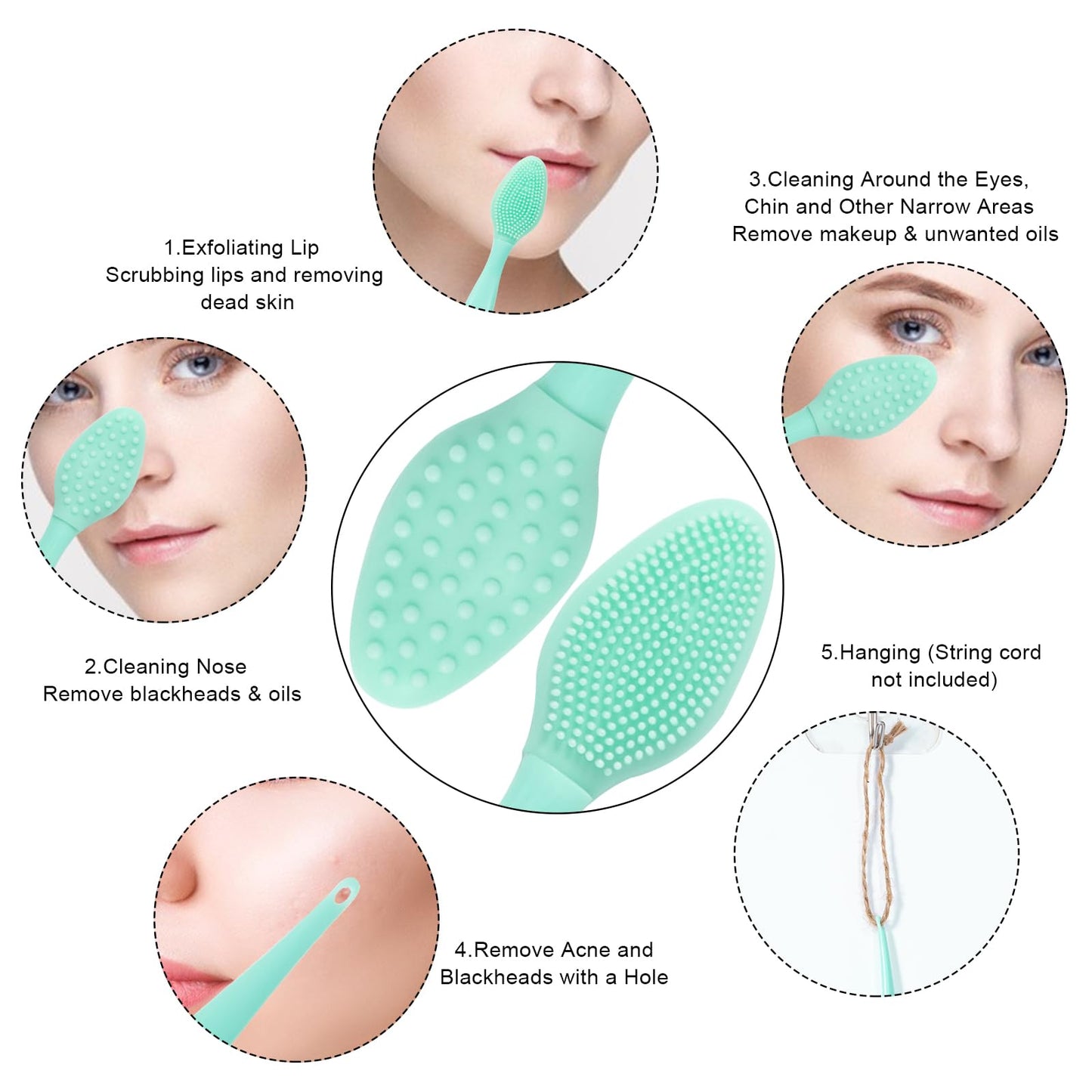 Silicone Facial Cleansing Brush 3 Pack, Beomeen 4 in 1 Handheld Face Scrubber for Deep Gentle Exfoliating, Double-Ended Face Wash Scrub Brush for Face Skincare and Massage (Green)