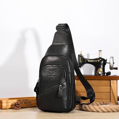 Leather Sling Bag for Men Crossbody Backpack with USB Charging Port Casual Daypack for Hiking Shoulder & Chest Bag Purse (Black)