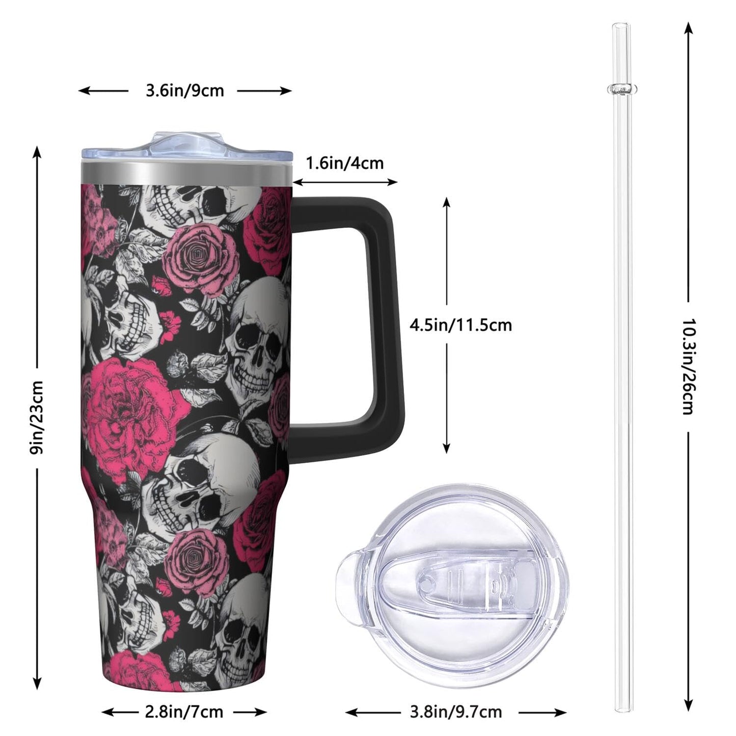 Kearscupra 30oz Skull Tumbler with Handle and Straw,Skeleton Gothic Floral Stainless Steel Insulated Cup with Lid and Straw,Travel Coffee Mug Water Bottle,Halloween Birthday Gifts for Women Men
