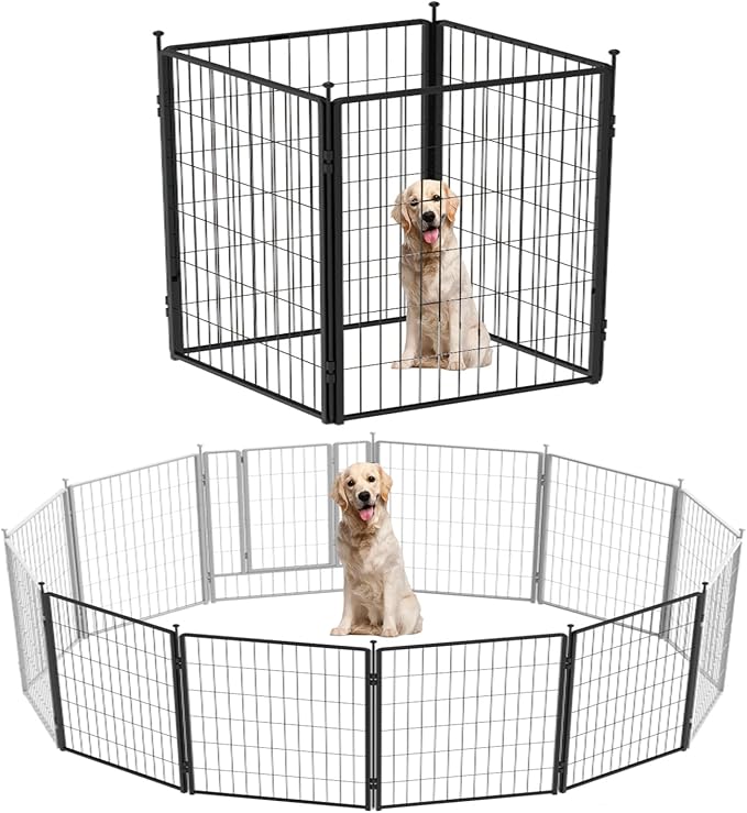 Dog Playpen Add-on 42 inch 4 Panels for Indoor & Outdoor Use – Heavy-Duty Metal Pet Fence with Ground Stakes, Rounded Ball Tops for Safety, Stable & Foldable Design, Easy to Assemble