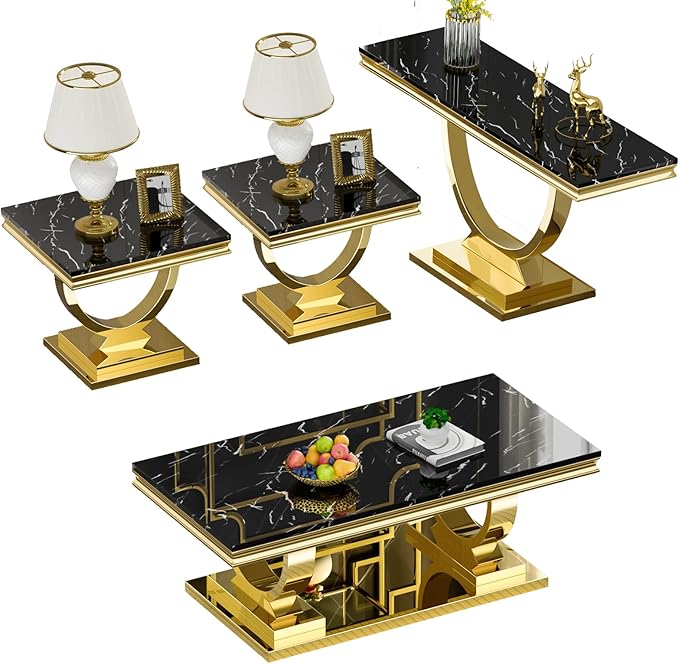 4 Piece Living Room Table Set Include 1 Faux Marble Coffee Table & 2 End Tables & 1 Console Table, Modern Black Gold Coffee Table Set of 4 with Double O Shape Stainless Steel Pedestal Base