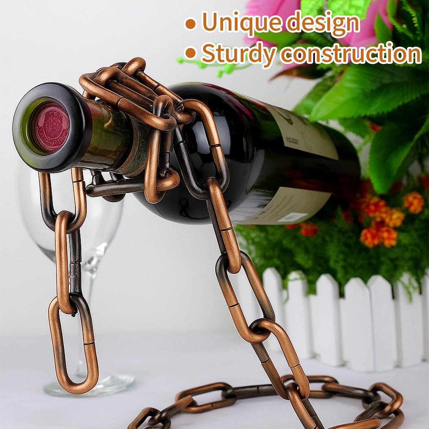 TBWHL Novelty Magic Wine Bottle Holder Floating Steel Link Chain Wine Bottle Rack/Holder - Holds Bottles in the Air, Unique Levitating Wine Bottle Stand for Home Bar, Kitchen, or Party Deco（Brown）