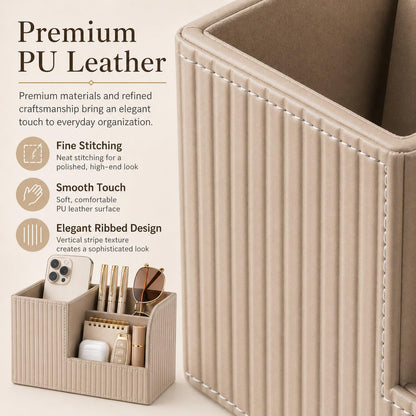KINGFOM Desk Pen Organizer Office Supplies Caddy Pu Leather Multi-function Storage Box Pen/Pencil,Cell phone, Business Name Cards Remote Control Holder (Mocha Beige)