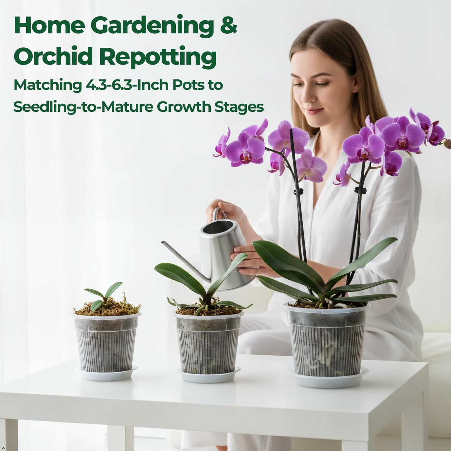 T4U Orchid Pot, 9 Pack Orchid Pots with Holes and Saucers for Repotting, 3 Each of 4.3, 5.5 and 6.3 Inch, Clear Plastic Flower Plant Pot for Indoor Outdoor Plants, Orchids Planter for Root Health