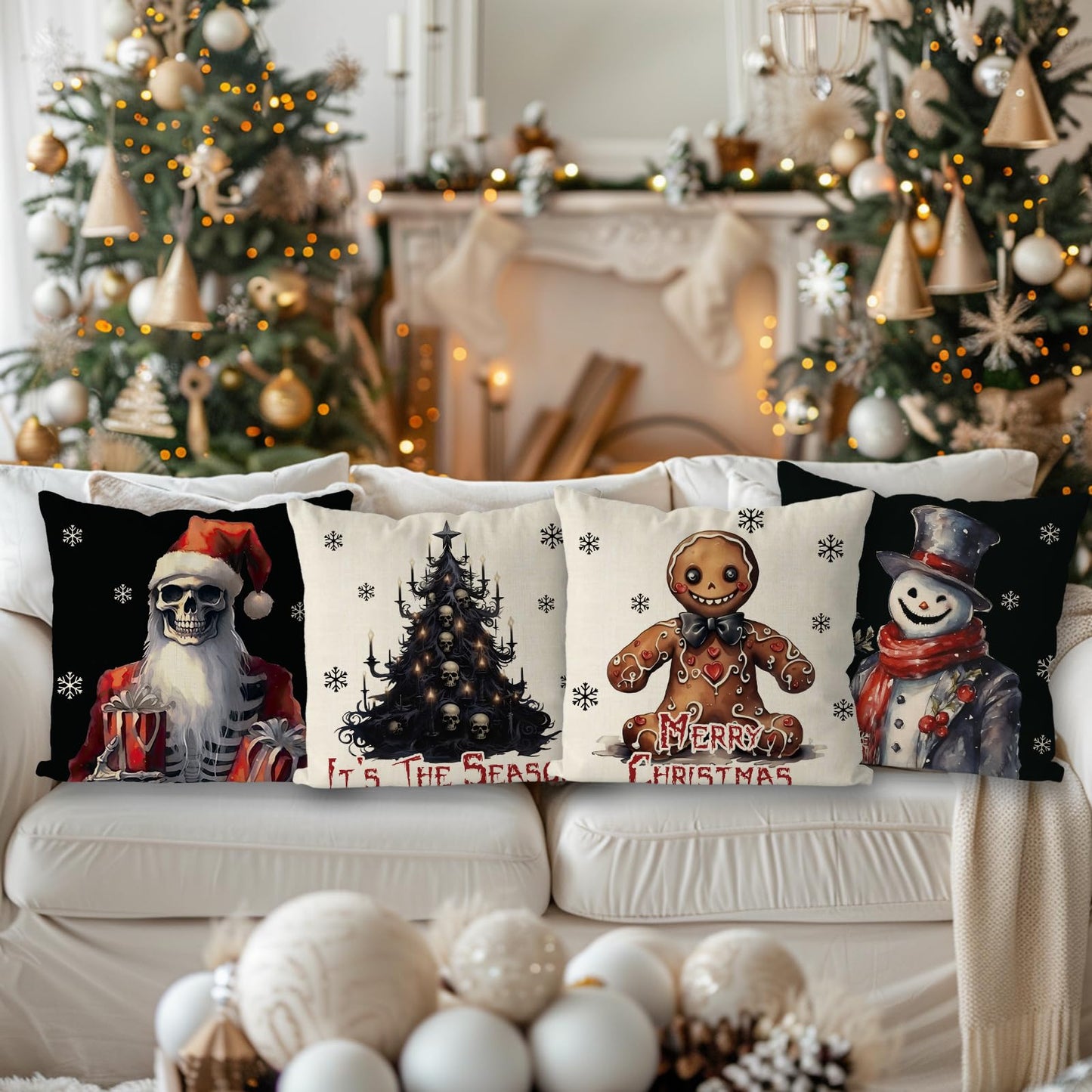 QIONG MENG Christmas Pillow Covers 18x18 Inch Set of 4 Gothic Skull Snowman Pillowcase Halloween Xmas Black and White Throw Pillow Covers Home Sofa Living Room Decorative Cushion Case