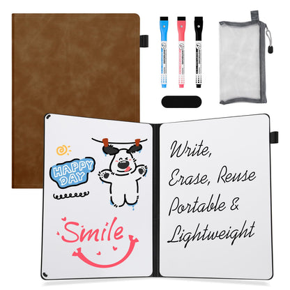 AGM Portable White Board Dry Erase Notebook, 12" x 9" Double Sided Folding Whiteboards with 3 Pens, Small Travel Dry Erase Board Skin-Friendly Material for Study, Meeting, Planning, Brown