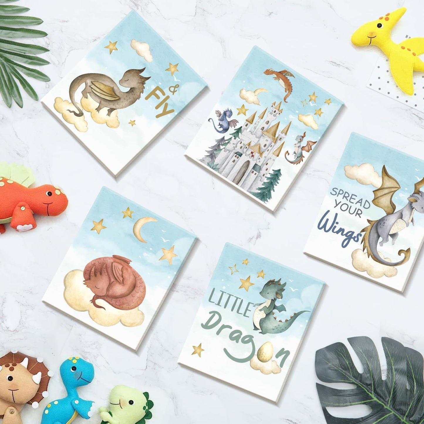 CHDITB Dinosaur Canvas Wall Art Nursery Wall Decor, Set of 6(8x10 inch) Cute Dream Dinosaur Cub Framed Art Prints, Baby Dinosaurs Cartoon Castle Animals Poster For Children's Boy Kids Room Bedroom