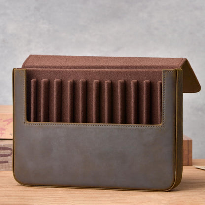 Lanxivi 12 Fountain Pen Case Genuine Leather Organizer, Crazy Horse Cowhide Leather Portable Pen Bag Pouch Drawer Style